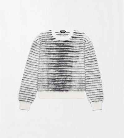 TOM FORD MOHAIR WOOL BLEND WHITE & BLACK BRUSHED MOHAIR CREW NECK SWEATER
