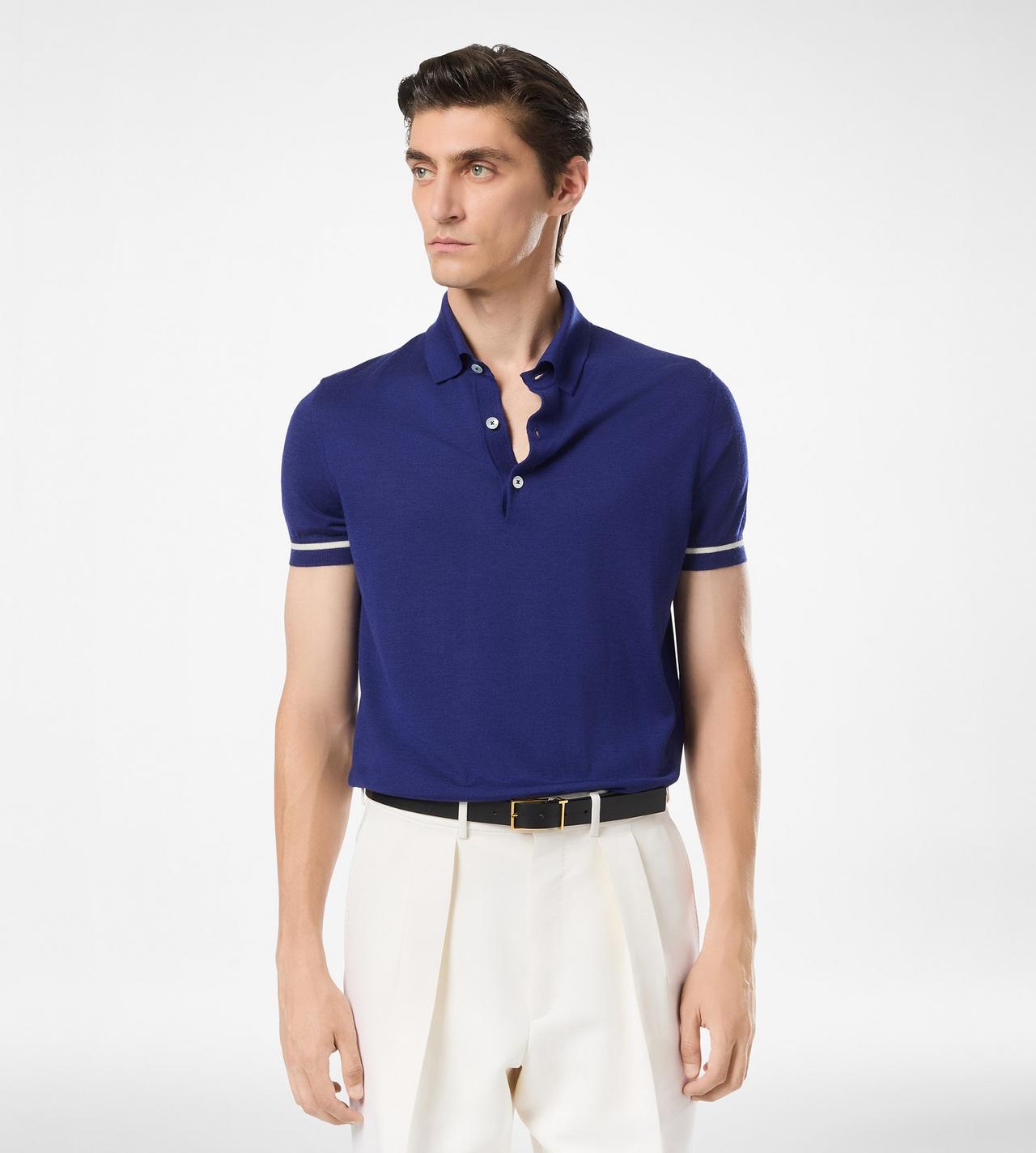 CONTRAST PIPING CASHMERE SILK POLO image number 2