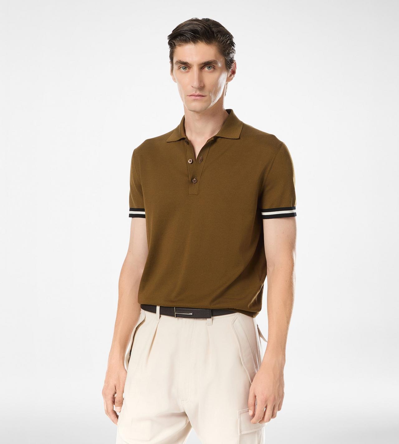 TOM FORD COTTON SILK BLEND BRONZE OLIVE CONTRAST PIPING COTTON SILK POLO