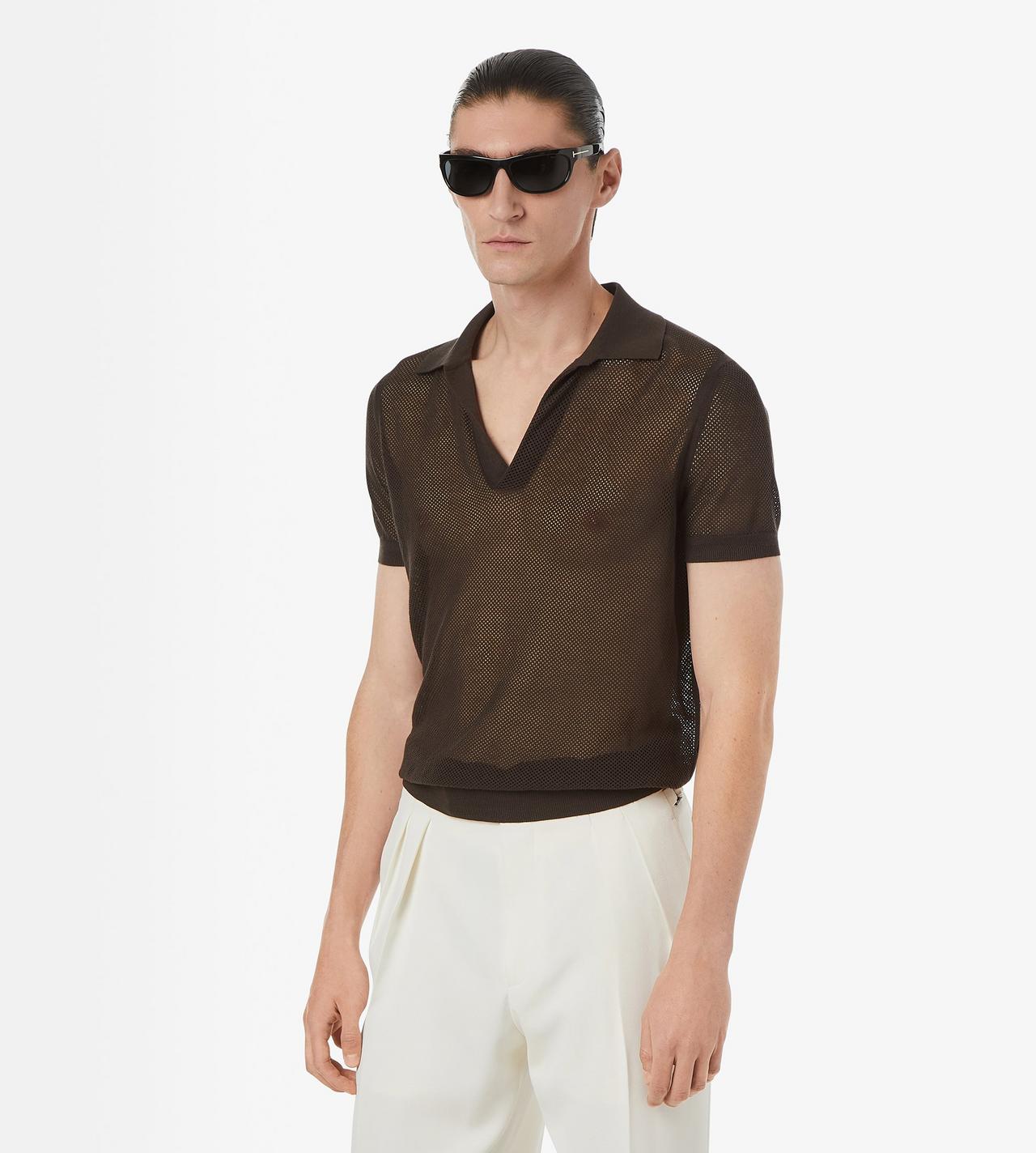 TOM FORD SILK COTTON BLEND CHOCOLATE COTTON SILK MESH POLO