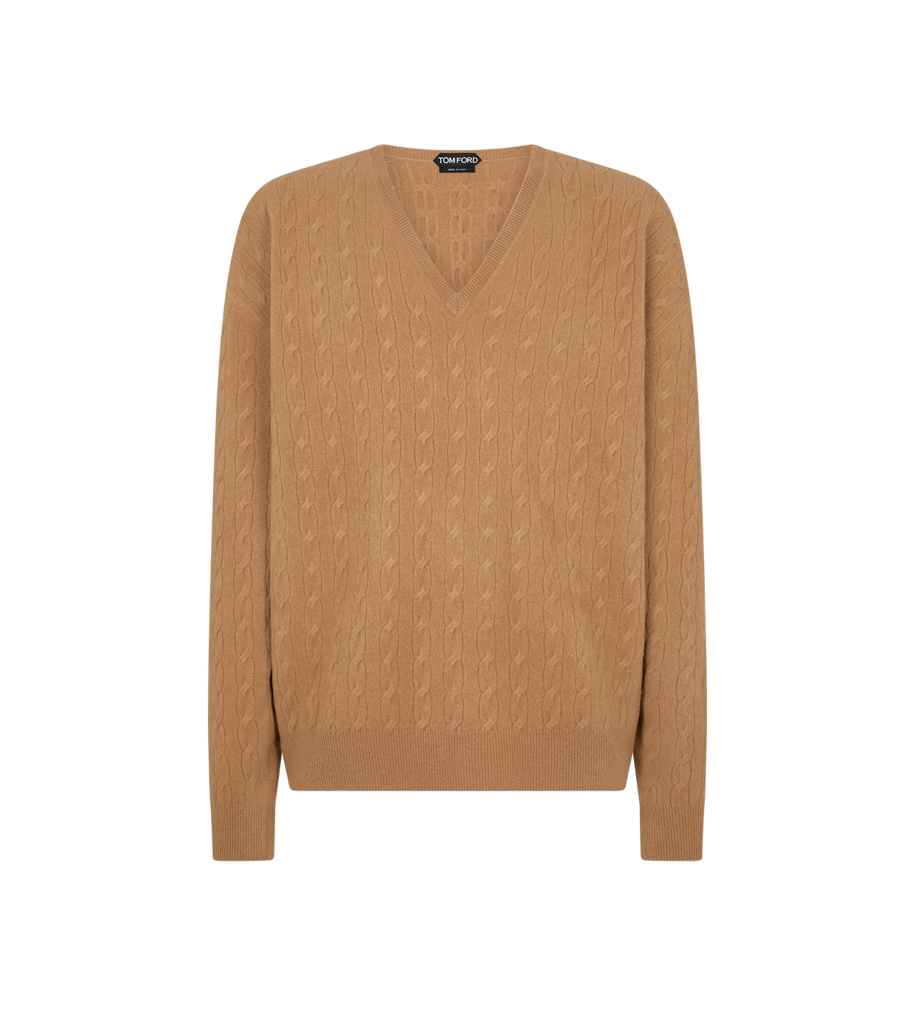 TOM FORD WOOL TOFFEE CABLE LAMBSWOOL V NECK SWEATER