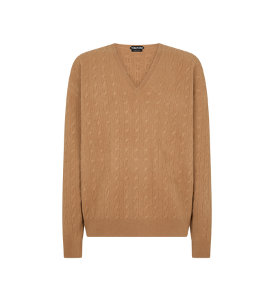 TOM FORD WOOL TOFFEE CABLE LAMBSWOOL V NECK SWEATER