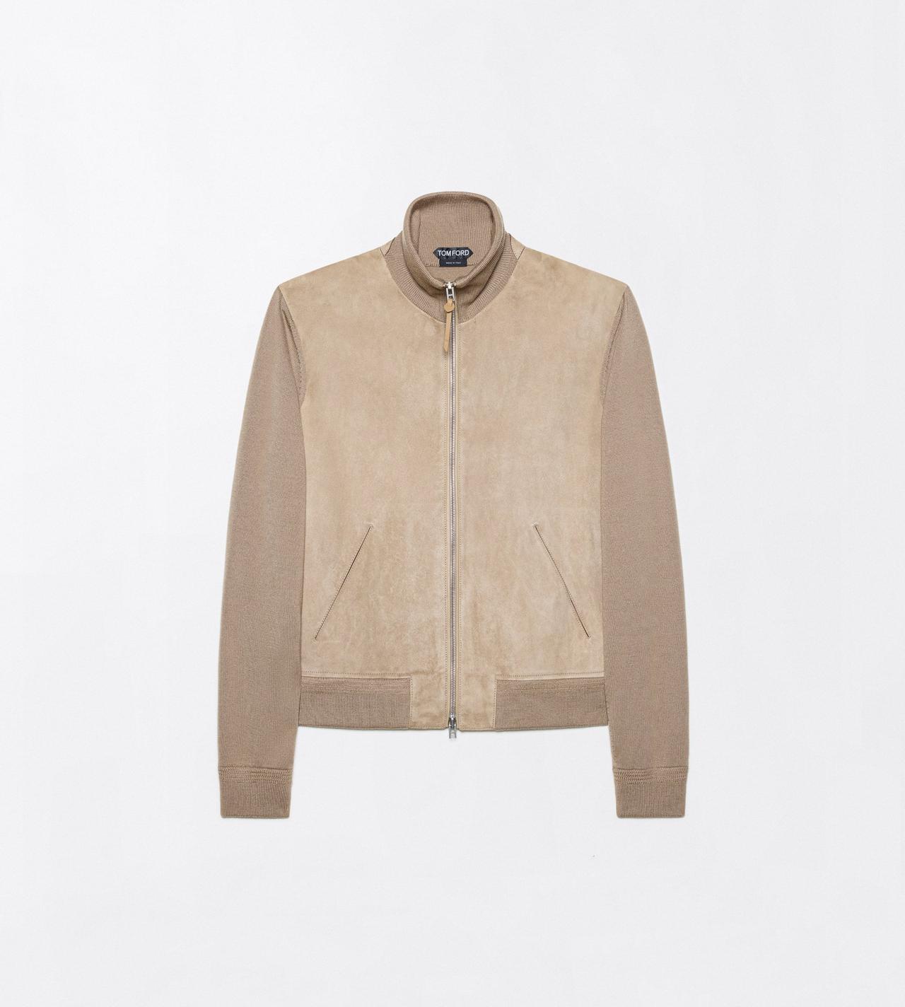 TOM FORD WOOL DESERT TAUPE JACKE AUS MERINO MIT DURCHGEHENDEM REISSVERSCHLUSS UND WILDLEDER AN DER VORDERSEITE