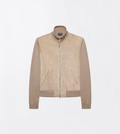 TOM FORD WOOL DESERT TAUPE JACKE AUS MERINO MIT DURCHGEHENDEM REISSVERSCHLUSS UND WILDLEDER AN DER VORDERSEITE