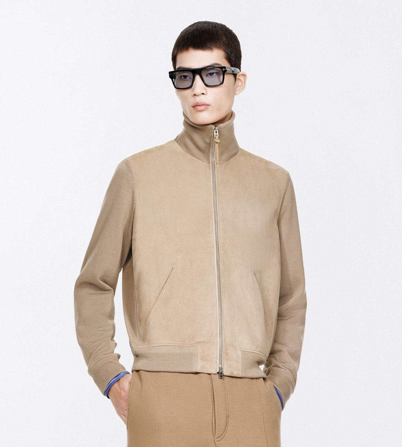 TOM FORD WOOL DESERT TAUPE JACKE AUS MERINO MIT DURCHGEHENDEM REISSVERSCHLUSS UND WILDLEDER AN DER VORDERSEITE