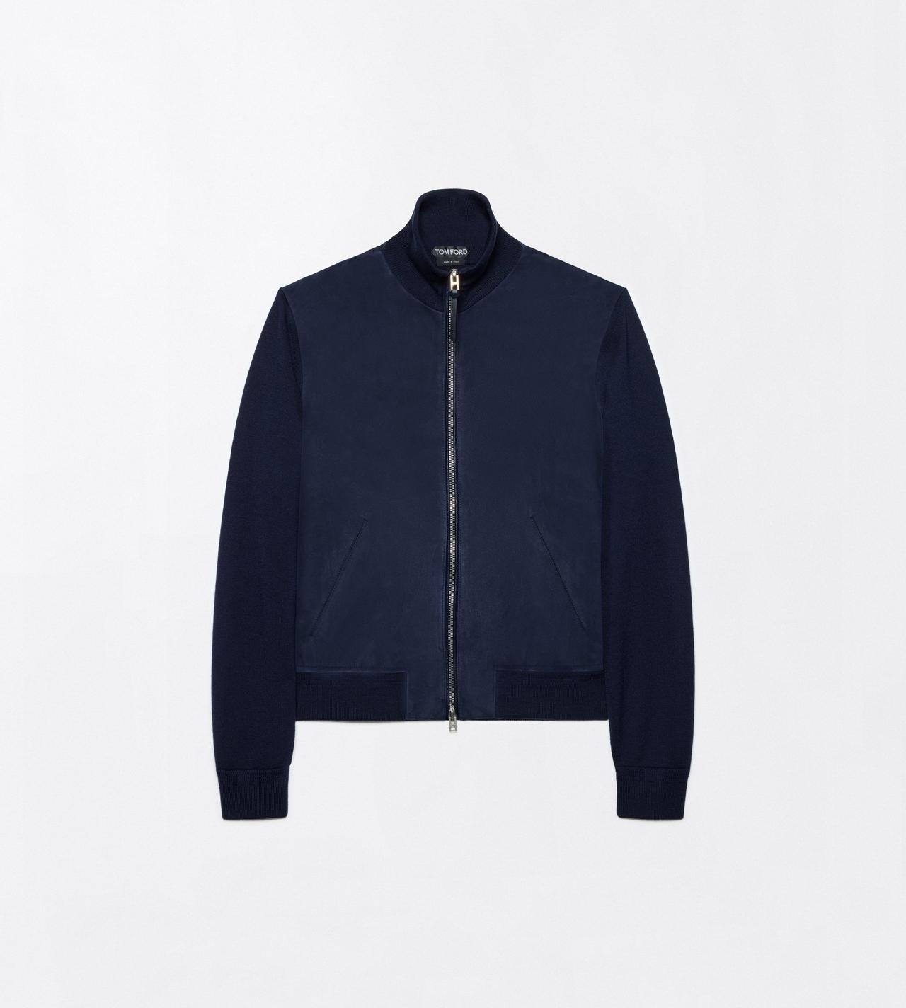 TOM FORD WOOL DARK NAVY LANA MERINO CON PARTE ANTERIORE IN PELLE SCAMOSCIATA E ZIP INTEGRALE