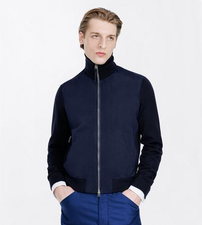 TOM FORD WOOL DARK NAVY LANA MERINO CON PARTE ANTERIORE IN PELLE SCAMOSCIATA E ZIP INTEGRALE
