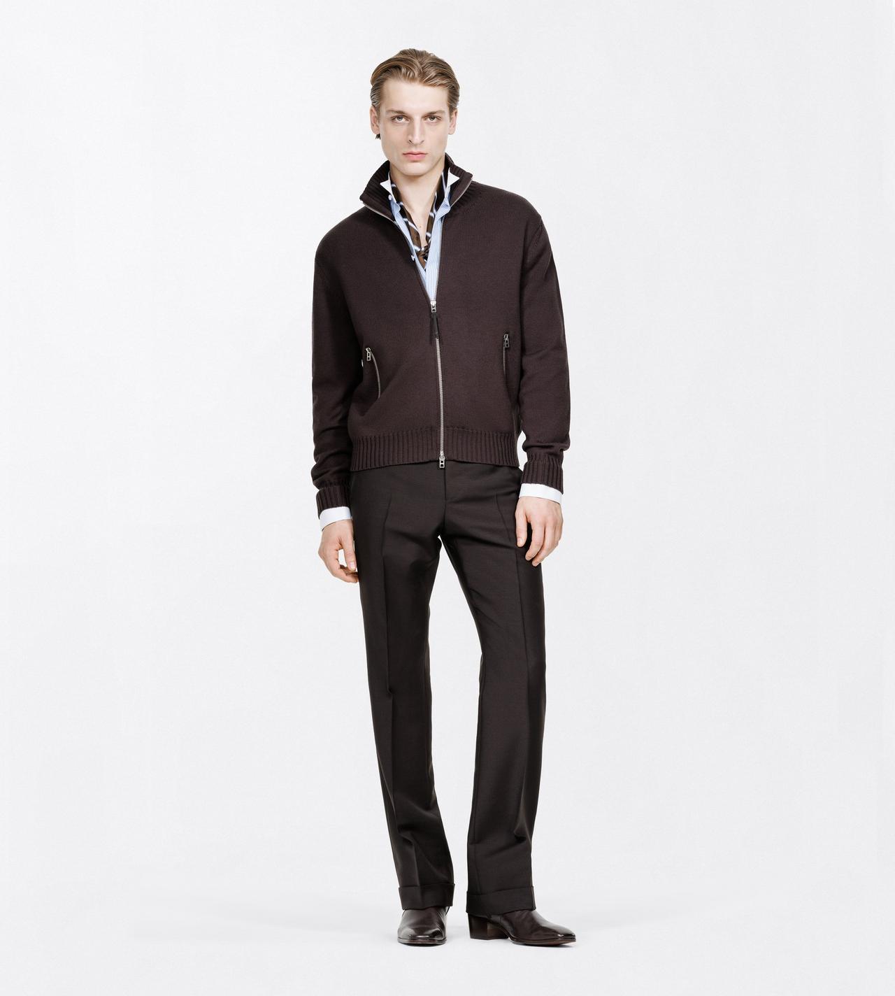 TOM FORD WOOL CHOCOLATE TORTE MERINO FULL ZIP WITH LEATHER PATCHES