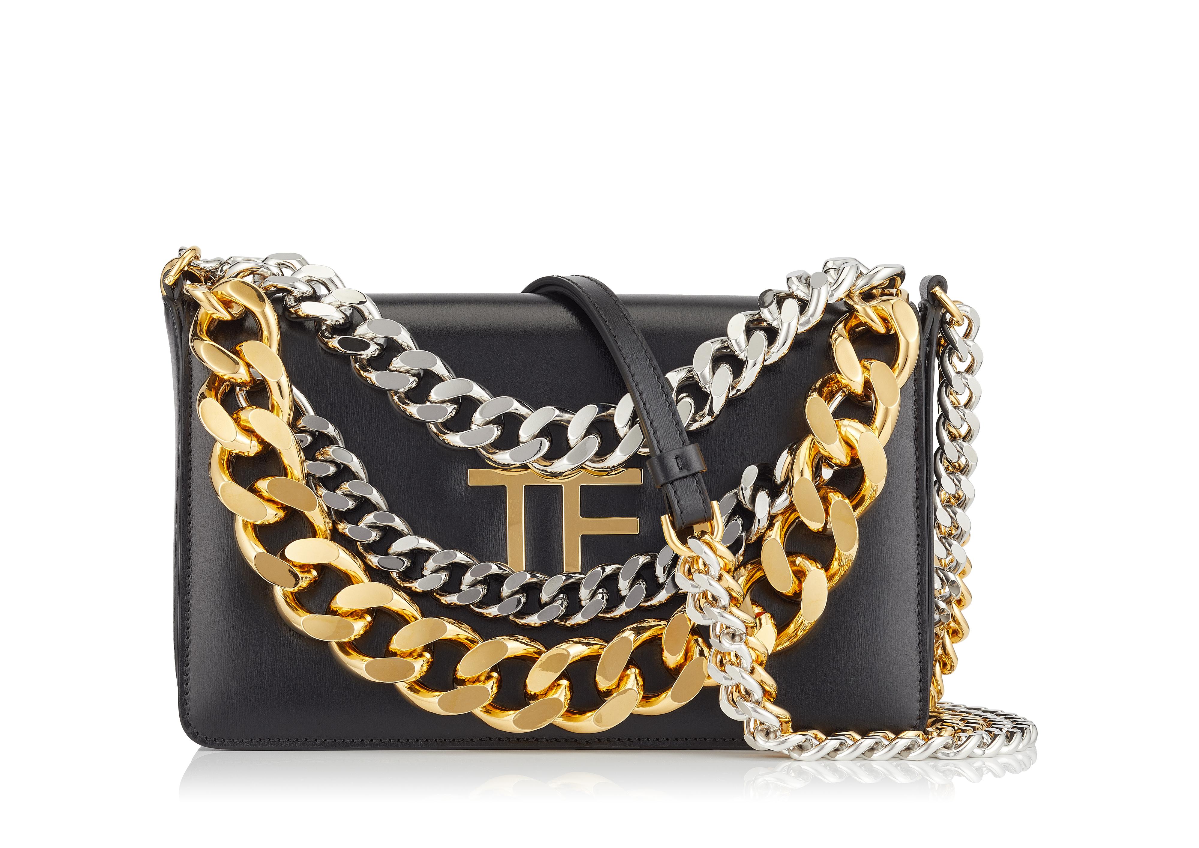 TOM FORD Triple Chain Small Embellished Metallic Leather Shoulder Bag