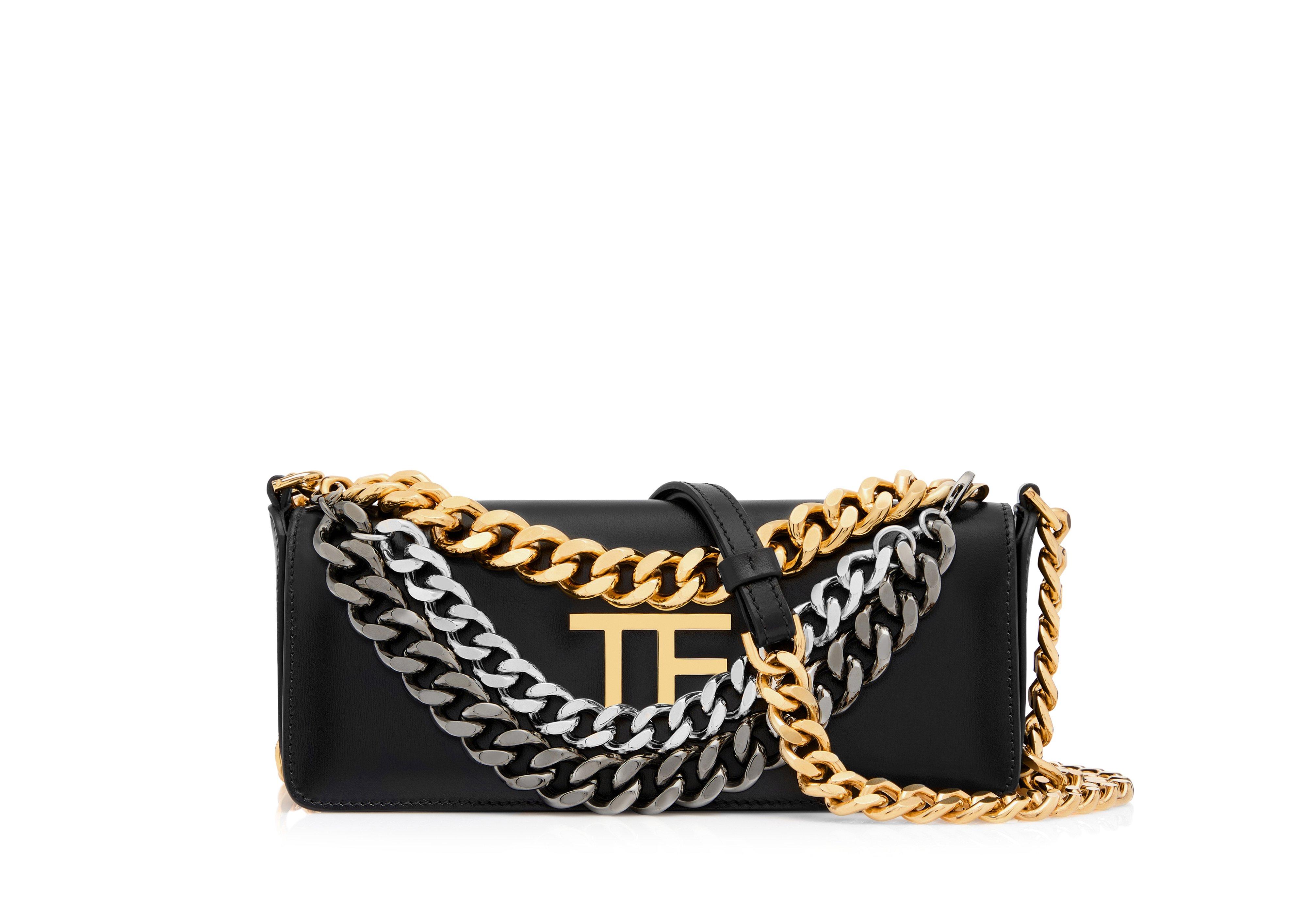 TOM FORD Triple Chain Small Embellished Metallic Leather Shoulder Bag