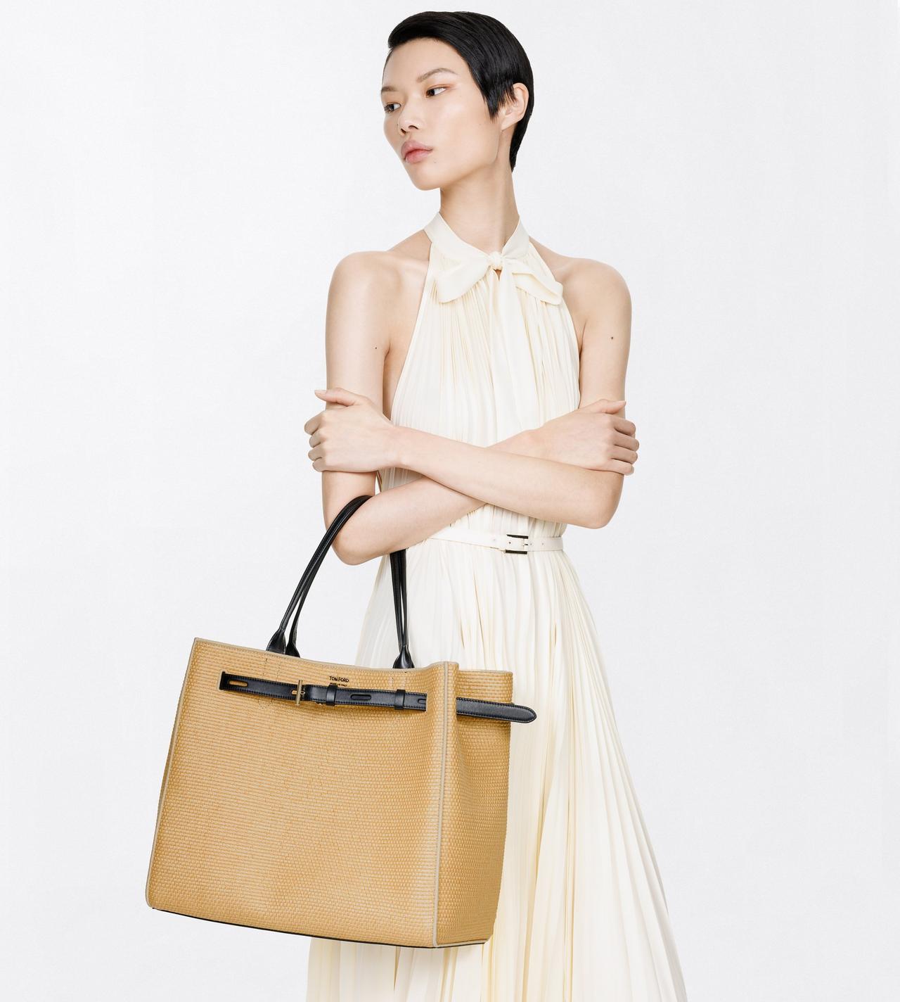 TOM FORD RAFFIA NATURAL + BLACK GRAND CABAS AUDREY EN RAPHIA ET CUIR