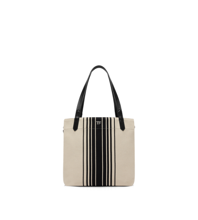 TOM FORD COTTON BLEND NATURAL/BLACK + BLACK STRIPED JACQUARD LARGE TOTE