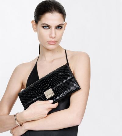 TOM FORD LEATHER BLACK SEMI SHINY PRINTED PYTHON JEAN CLUTCH