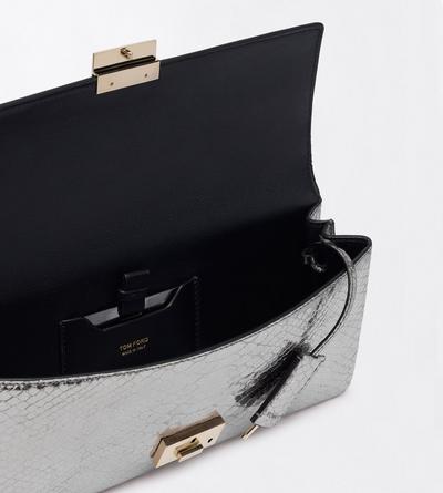 TOM FORD LEATHER SILVER LAMINATED PRINTED PYTHON JEAN CLUTCH