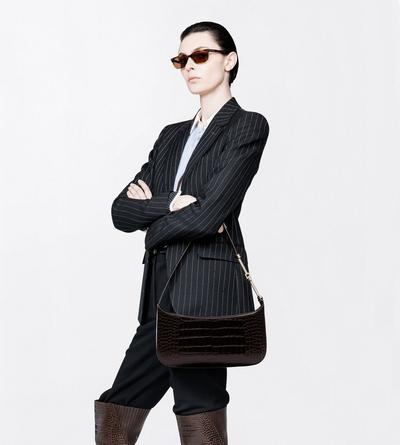 TOM FORD LEATHER CHOCOLATE TUMBLED PRINTED CROCODILE LEATHER ARC SMALL SHOULDER BAG
