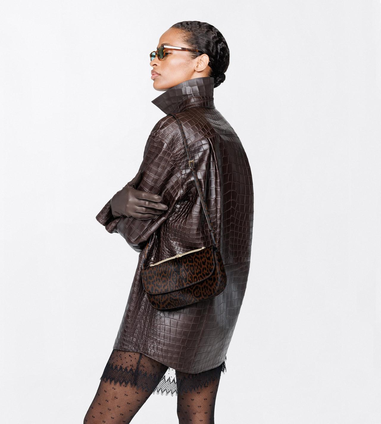 TOM FORD LEATHER BROWN/BLACK LEOPARD PRINT HAIR CALF ARC MINI BAG