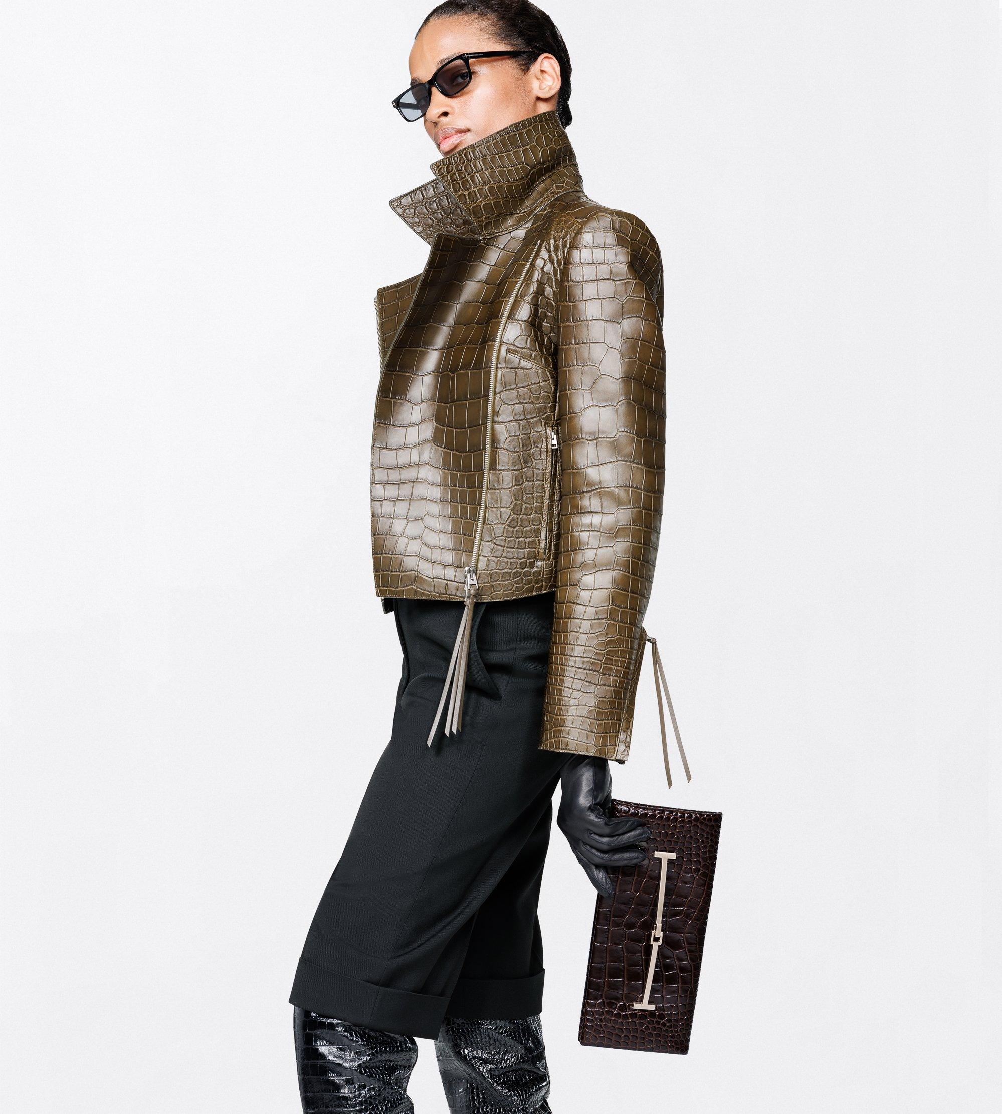 TUMBLED PRINTED CROCODILE LEATHER ARC CLUTCH