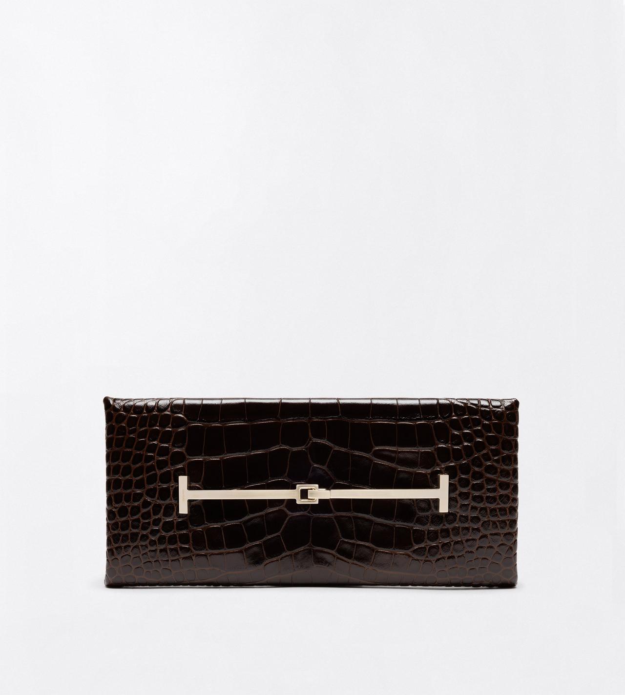 TOM FORD LEATHER CHOCOLATE TUMBLED PRINTED CROCODILE LEATHER ARC CLUTCH