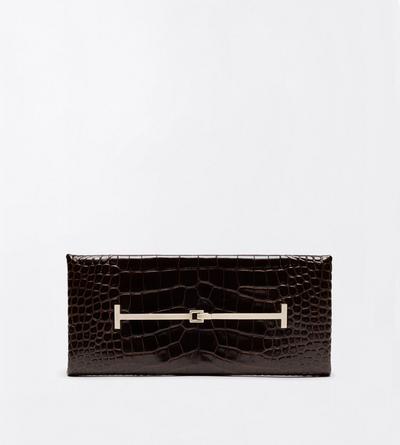 TOM FORD LEATHER CHOCOLATE TUMBLED PRINTED CROCODILE LEATHER ARC CLUTCH