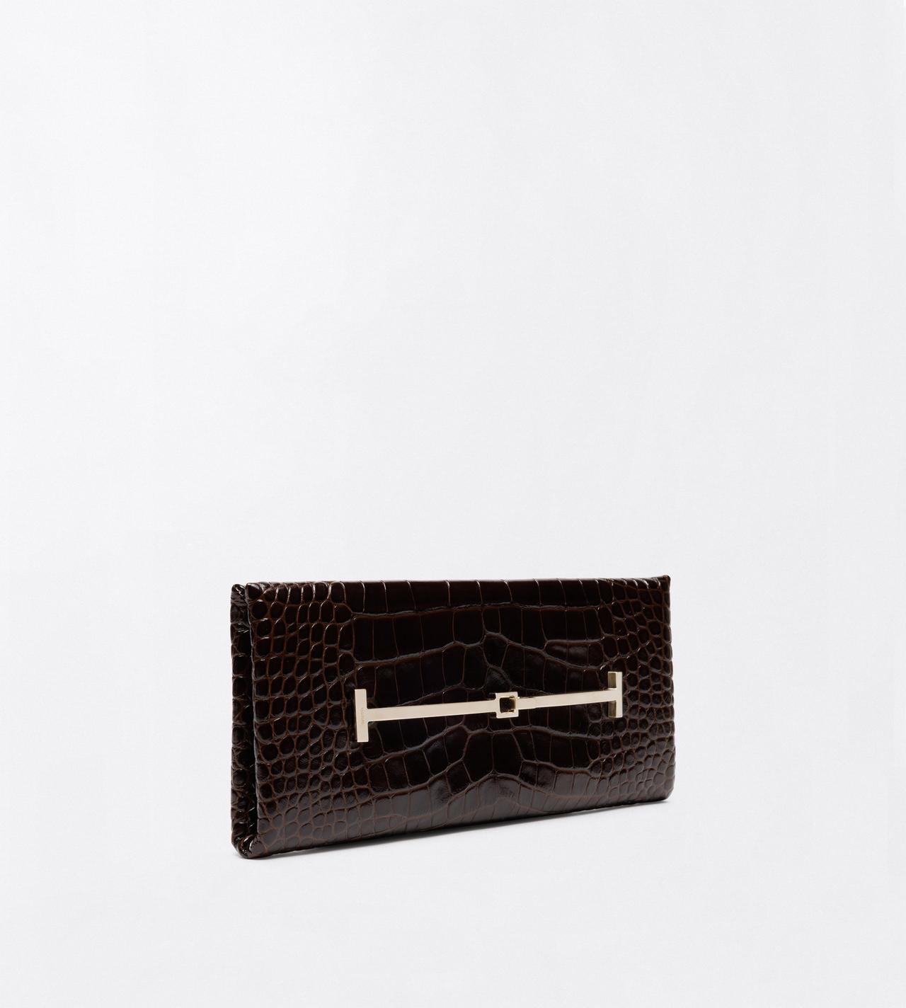TOM FORD LEATHER CHOCOLATE TUMBLED PRINTED CROCODILE LEATHER ARC CLUTCH