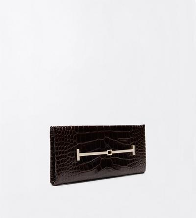 TOM FORD LEATHER CHOCOLATE TUMBLED PRINTED CROCODILE LEATHER ARC CLUTCH