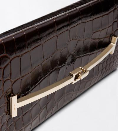 TOM FORD LEATHER CHOCOLATE TUMBLED PRINTED CROCODILE LEATHER ARC CLUTCH