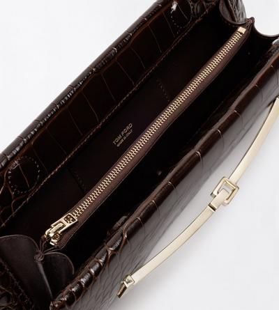 TOM FORD LEATHER CHOCOLATE TUMBLED PRINTED CROCODILE LEATHER ARC CLUTCH