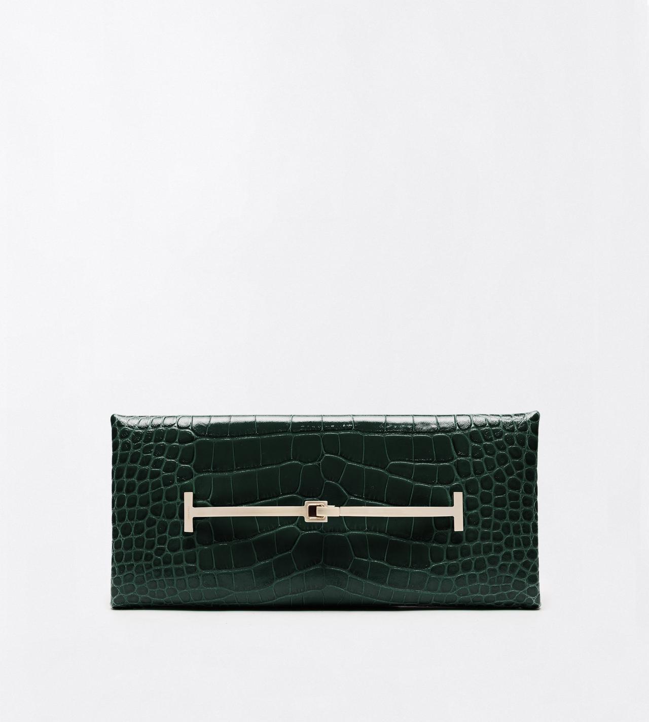 TOM FORD LEATHER DARK PINE TUMBLED PRINTED CROCODILE LEATHER ARC CLUTCH