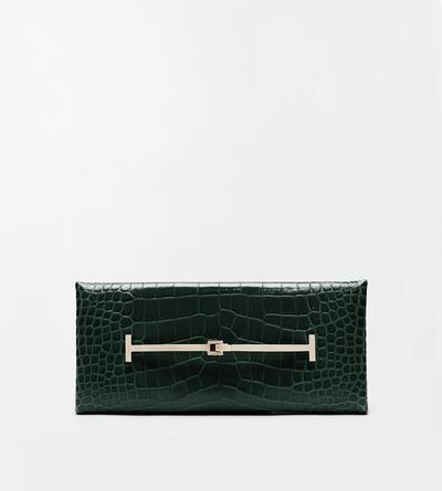 TOM FORD LEATHER DARK PINE TUMBLED PRINTED CROCODILE LEATHER ARC CLUTCH