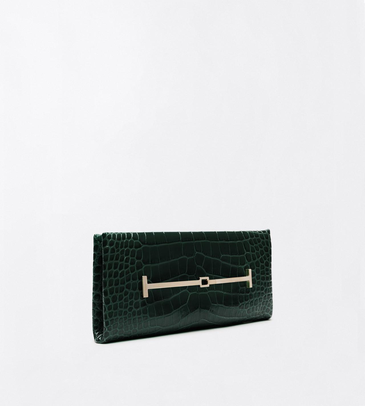 TOM FORD LEATHER DARK PINE TUMBLED PRINTED CROCODILE LEATHER ARC CLUTCH