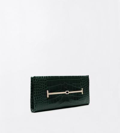 TOM FORD LEATHER DARK PINE TUMBLED PRINTED CROCODILE LEATHER ARC CLUTCH