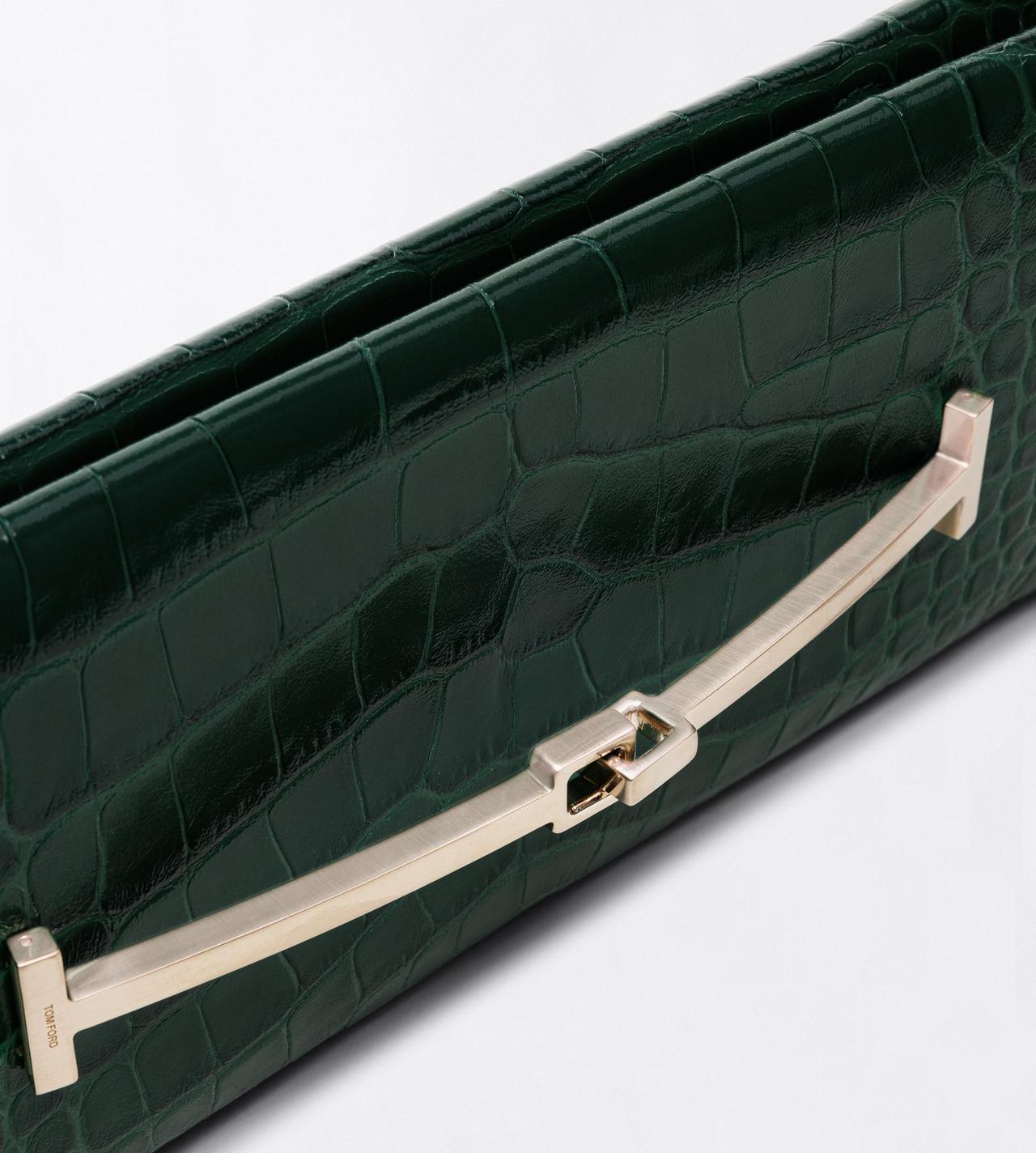 TOM FORD LEATHER DARK PINE TUMBLED PRINTED CROCODILE LEATHER ARC CLUTCH