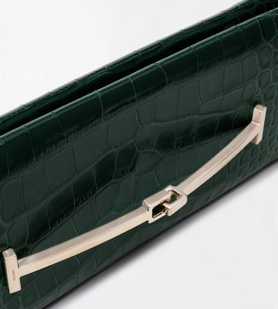 TOM FORD LEATHER DARK PINE TUMBLED PRINTED CROCODILE LEATHER ARC CLUTCH