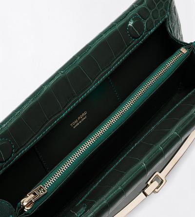 TOM FORD LEATHER DARK PINE TUMBLED PRINTED CROCODILE LEATHER ARC CLUTCH