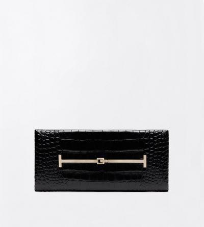 TOM FORD LEATHER BLACK TUMBLED PRINTED CROCODILE LEATHER ARC CLUTCH