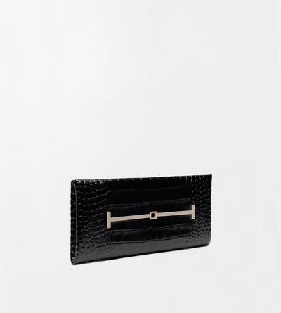 TOM FORD LEATHER BLACK TUMBLED PRINTED CROCODILE LEATHER ARC CLUTCH