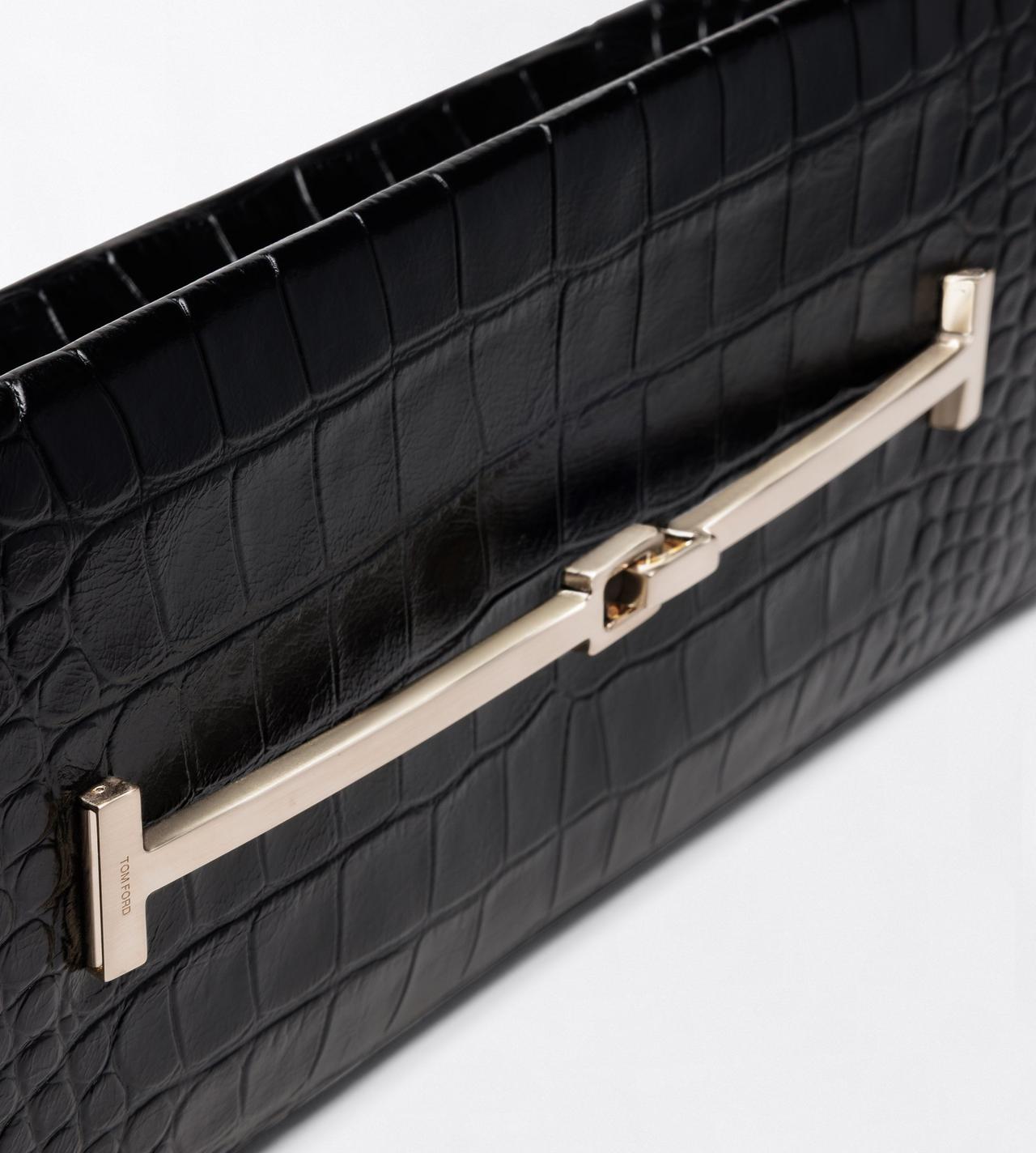 TOM FORD LEATHER BLACK TUMBLED PRINTED CROCODILE LEATHER ARC CLUTCH
