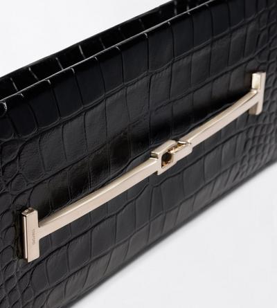 TOM FORD LEATHER BLACK TUMBLED PRINTED CROCODILE LEATHER ARC CLUTCH