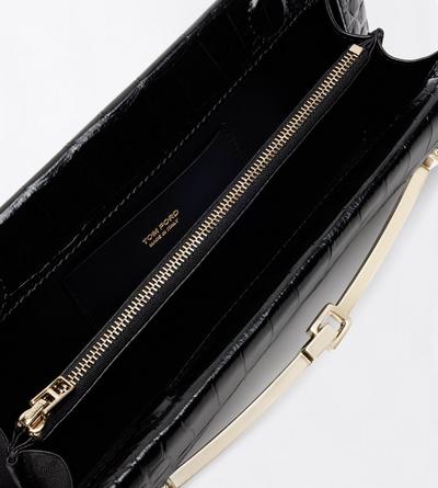 TOM FORD LEATHER BLACK TUMBLED PRINTED CROCODILE LEATHER ARC CLUTCH