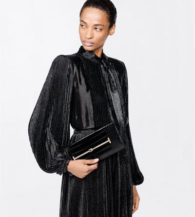 TOM FORD LEATHER BLACK TUMBLED PRINTED CROCODILE LEATHER ARC CLUTCH