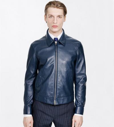TOM FORD LEATHER NAVY NAPPA GRAIN LEATHER COLLAR BLOUSON