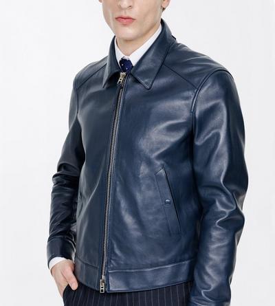 TOM FORD LEATHER NAVY NAPPA GRAIN LEATHER COLLAR BLOUSON