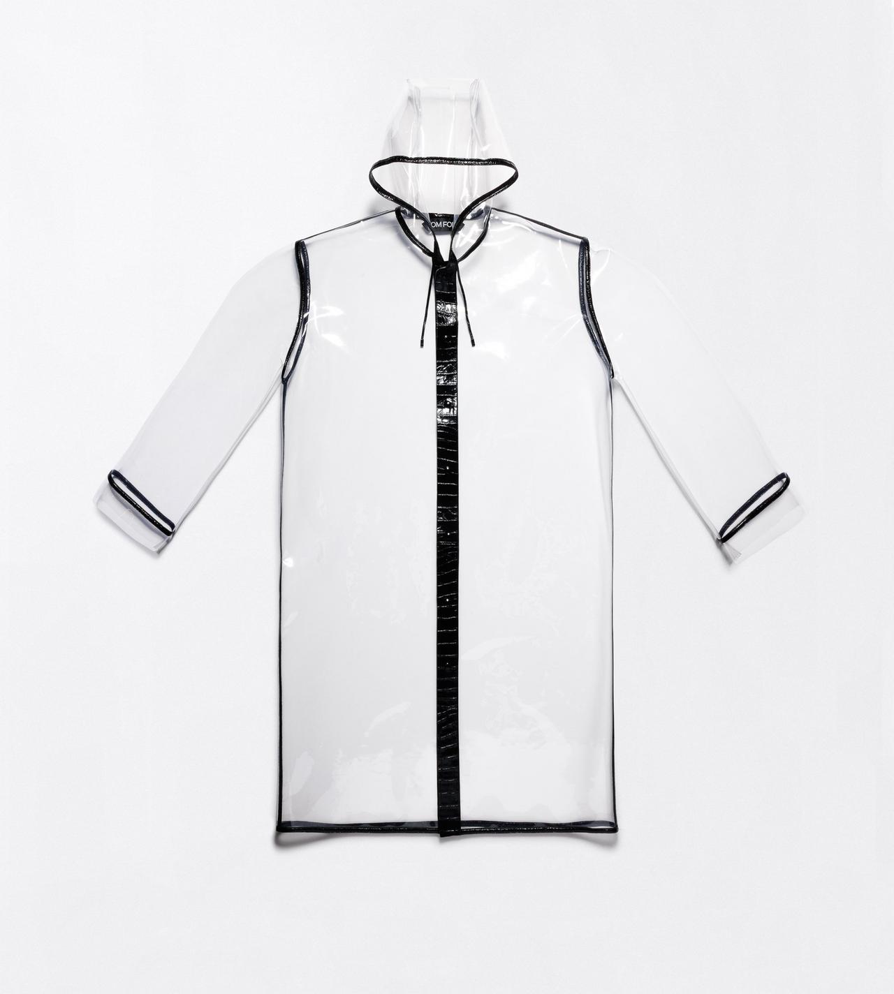 TOM FORD THERMOPOLYURETHANE BLACK TRANSPARENT RAINCOAT WITH PRINTED LEATHER DETAILS