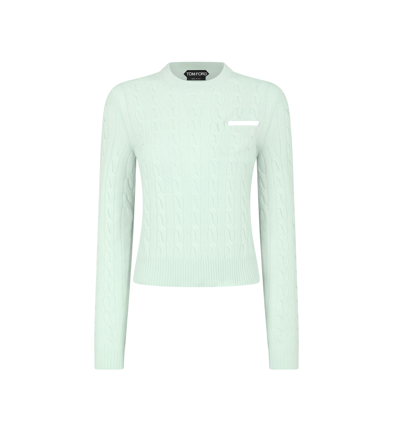 TOM FORD WOOL LIGHT PISTACHIO SHRUNKEN CREWNECK FINE MERINO KNIT WITH CONTRAST POCKET DETAIL