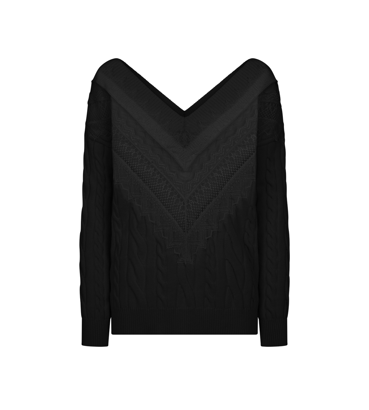 TOM FORD WOOL BLACK SCULPTURAL MERINO CABLE KNIT AND LACE CRICKET JUMPER