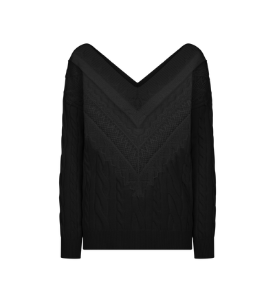 TOM FORD WOOL BLACK SCULPTURAL MERINO CABLE KNIT AND LACE CRICKET JUMPER
