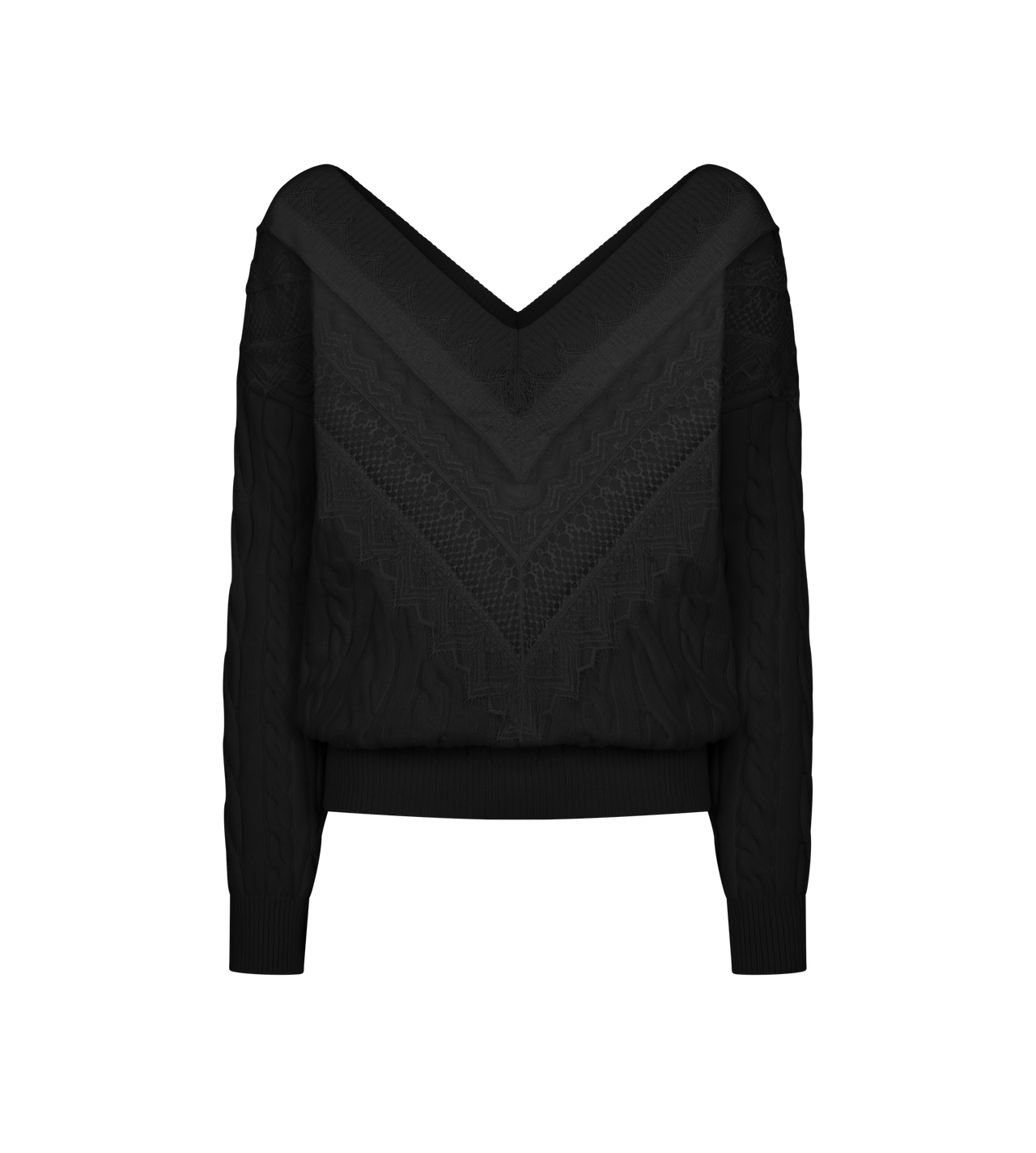 TOM FORD WOOL BLACK SCULPTURAL MERINO CABLE KNIT AND LACE CRICKET JUMPER