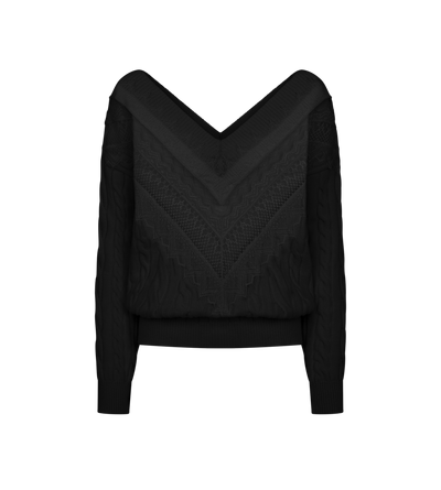 TOM FORD WOOL BLACK SCULPTURAL MERINO CABLE KNIT AND LACE CRICKET JUMPER