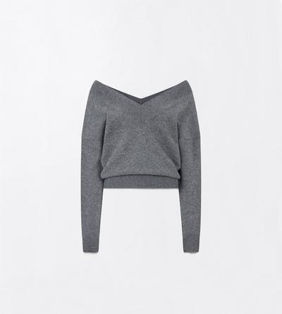 TOM FORD CASHMERE LIGHT CHARCOAL CASHMERE OFF THE SHOULDER V-NECK TOP