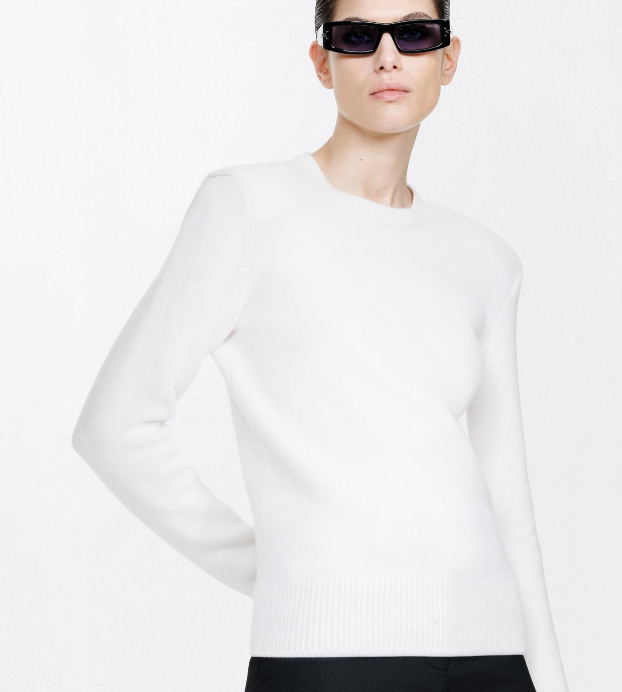 TOM FORD CASHMERE COTTON BLEND IVORY COTTON CASHMERE CREWNECK KNIT WITH STRUCTURED SHOULDERS